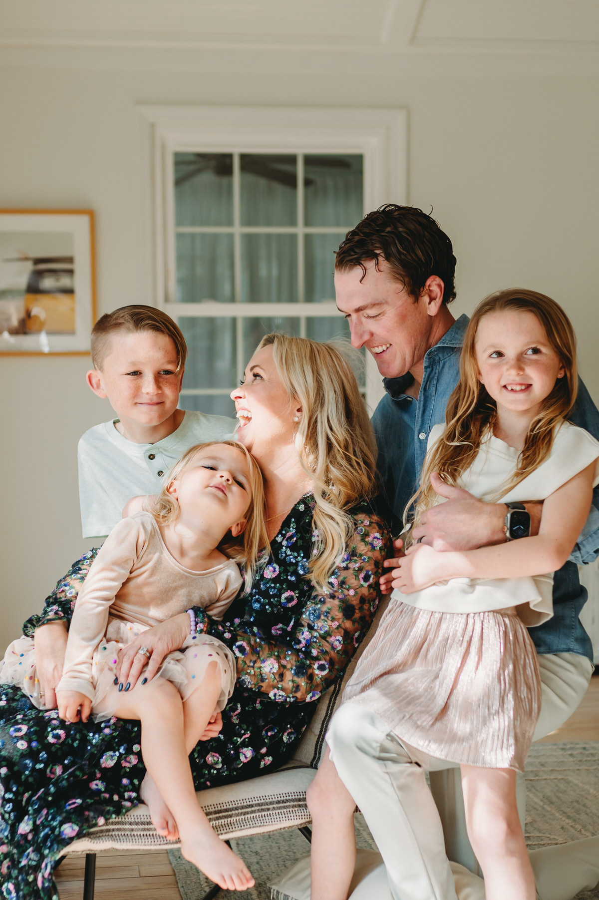 Why Parents Should Be in Family Photos | DC In-Home Photographer - NPS Photography family of five in a living room with direct light - why parents should be in family photos