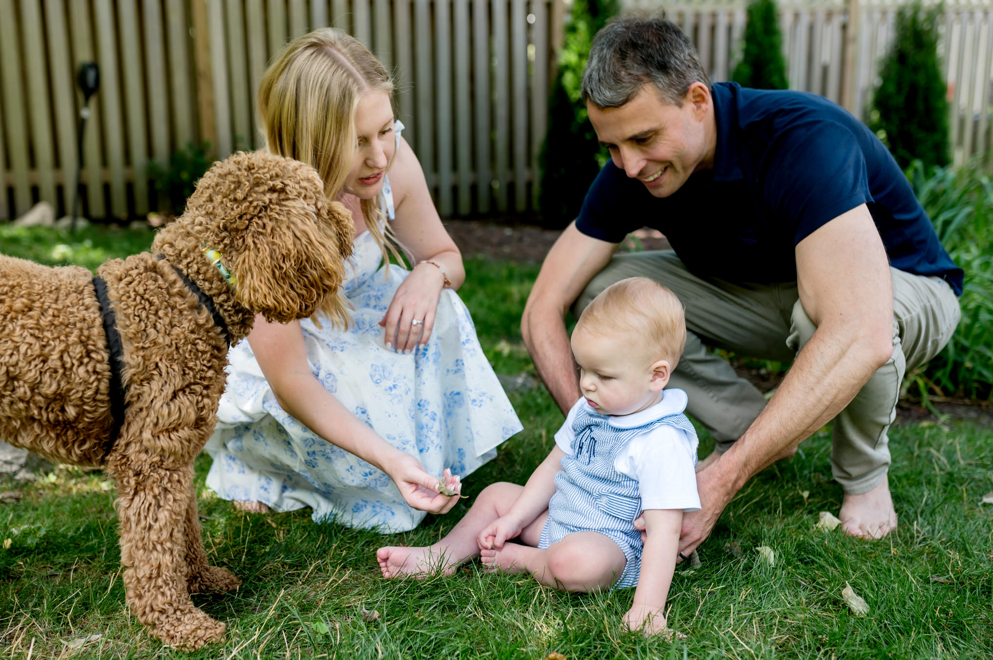 mom, dad, baby and dog in backyard