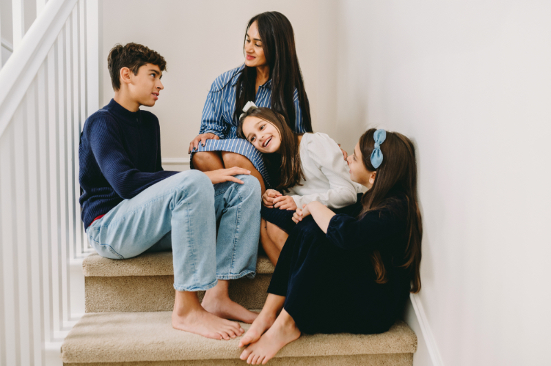 Family Photo Shoot Tips (No Bribes, Just Real Happy Moments) - NPS Photography kids on the stairs during a family photo shoot tips