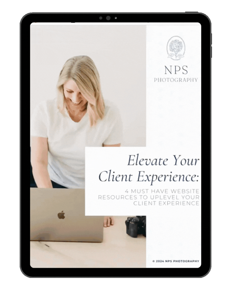 Introducing…Four Must-Have Website Resources to Uplevel Your Client Experience - NPS Photography A smiling woman working on a laptop, promoting a guide to elevate your client experience.