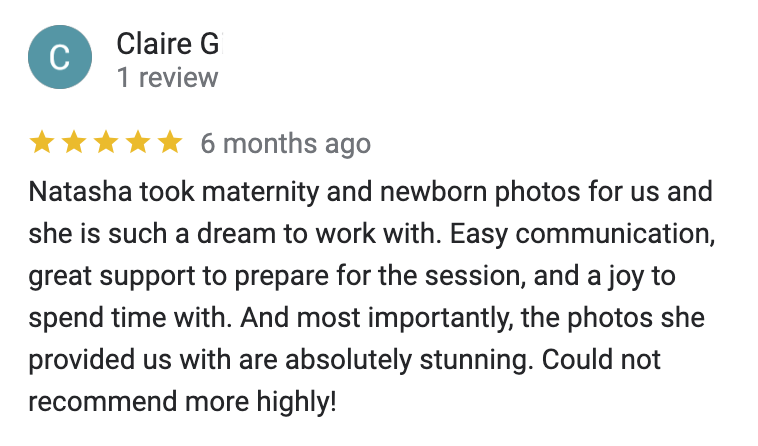 Introducing…Four Must-Have Website Resources to Uplevel Your Client Experience - NPS Photography Client praises Natasha’s supportive communication and preparation, highlighting her use of helpful photography website resources.