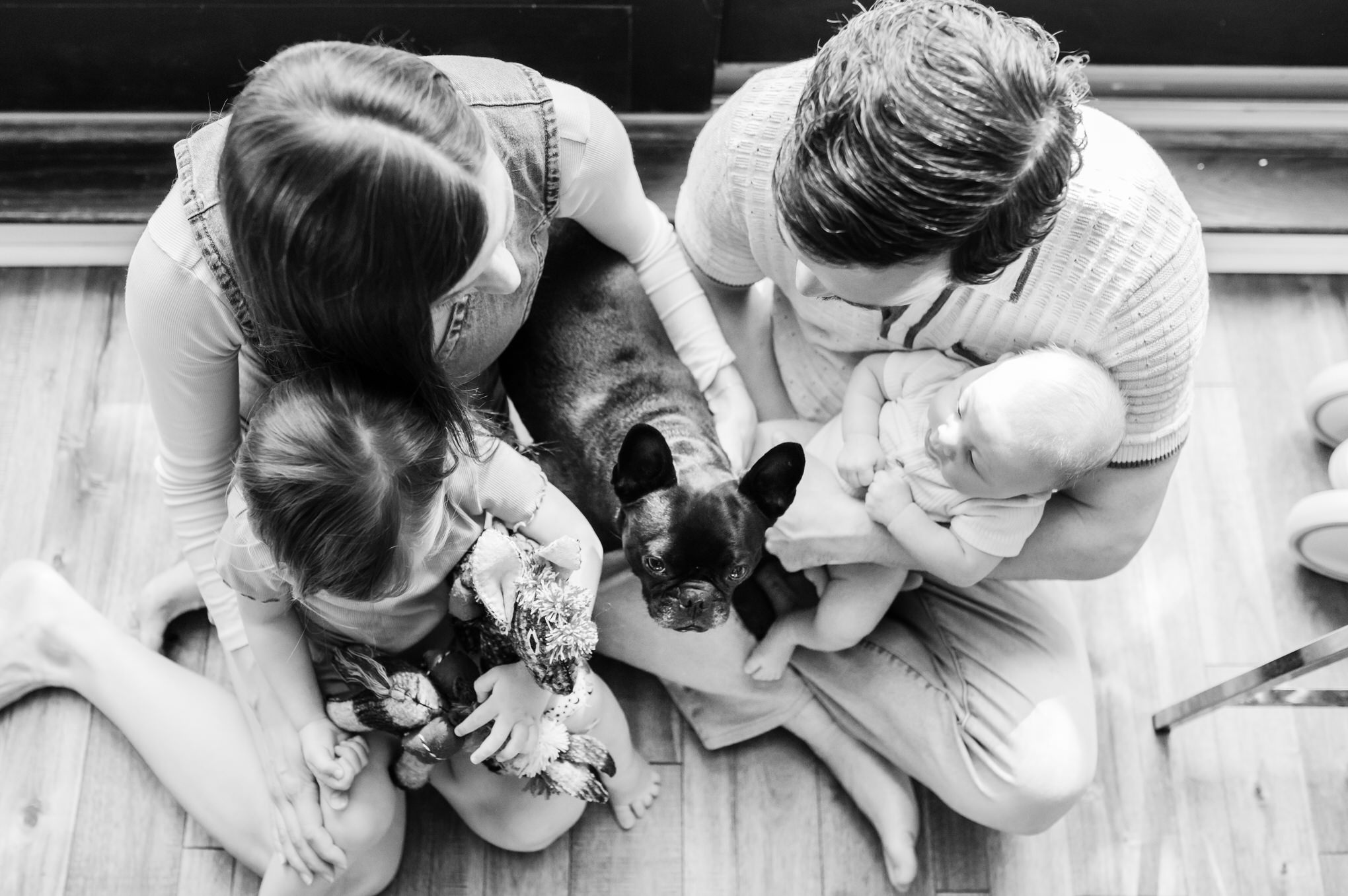 birds eye black and white photo of family with toddler girl, dog and baby
