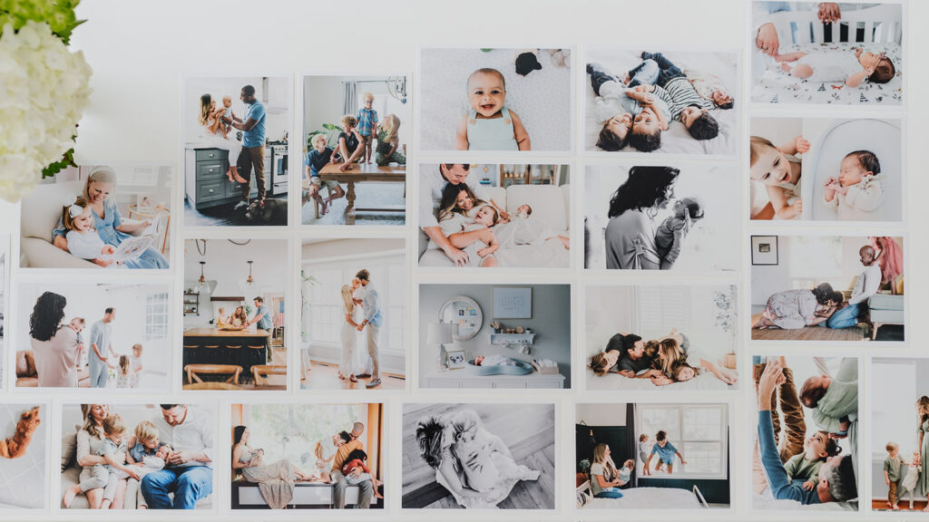 Email Like a Pro: Using AI to Save Time and Strengthen Client Prep as a Photographer - NPS Photography A curated wall display of lifestyle family and newborn photography, showing the results of a process that begins when you email like a pro.