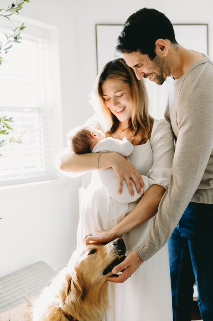 in-home-photo-shoot A joyful family cuddles their newborn and pets their dog during a bright, heartfelt in-home photo shoot.