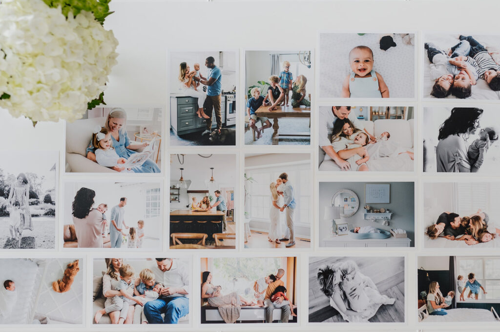 A wall collage of family moments captured through heirloom photography, perfect for displaying in your home.
